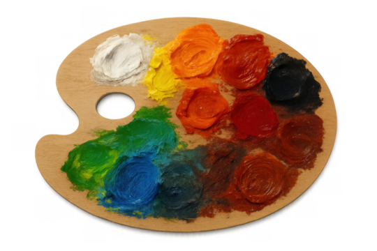 Colorful oil paints arranged on a wooden palette, ready for artistic creation, isolated on transparent background