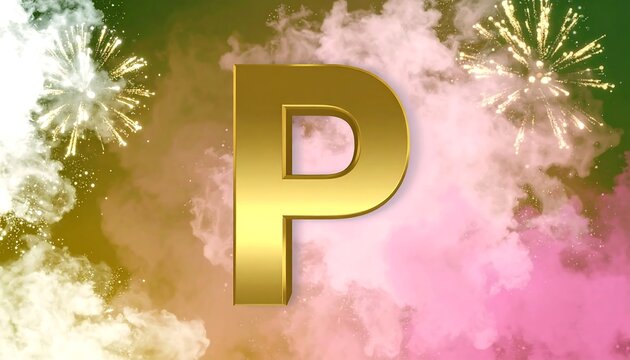 Gold letter "P" against a background of colorful smoke and fireworks