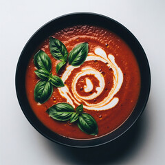 Overhead rustic shot of tomato soup with swirl of coconut cream and fresh basil in matte black bowl. Dramatic moody light copy