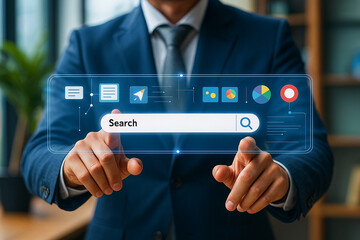 Businessman interacting with a futuristic digital search bar interface on a screen