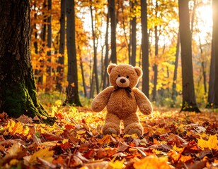 Teddy bear in autumn forest