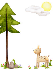 Naklejka premium Cute little deer. Forest animals. Fairy tale, Northern folklore, Scandinavian style, folk art. Childrens watercolor illustration for poster, card, invitation to party, birthday, baby shower.