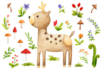 Watercolor set with fawn and forest plants. Northern folklore, Scandinavian style. Folk art design elements. Children's clipart for poster, card, invitation to children's party, birthday, baby shower.