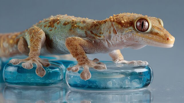Close up of a gecko with detailed skin texture standing on blue glass pebbles