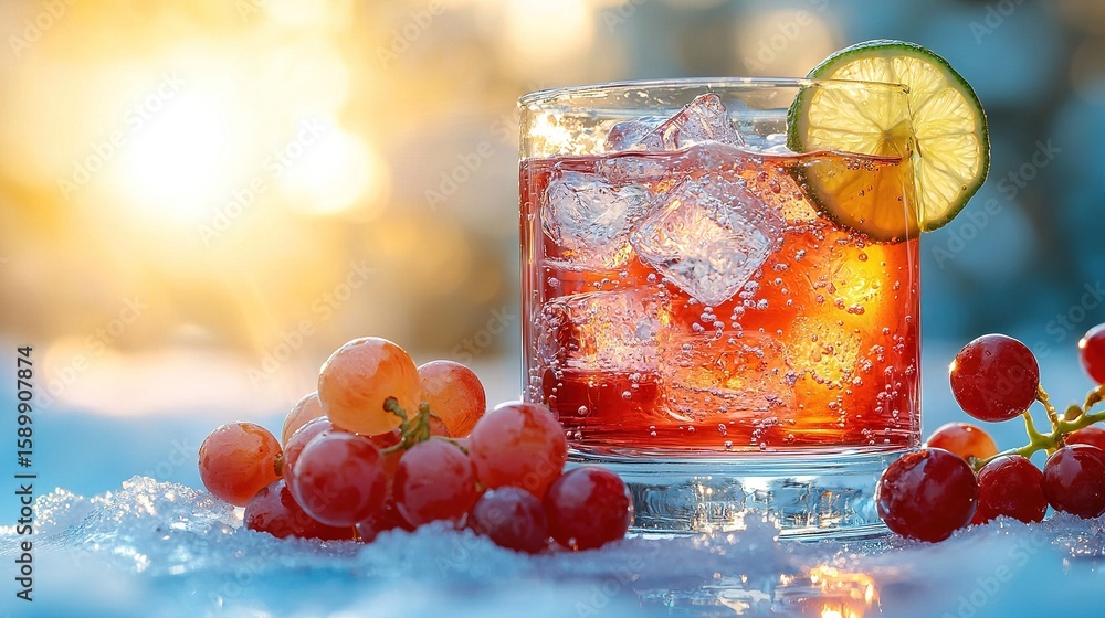 Aufkleber a close-up of a drink in a glass with ice and cherries on a table with a slice of lime