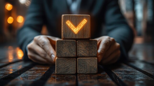 Building corporate governance structure. Businessman stacking wooden blocks. Check mark icon and lens flare light. business decisions, strategic success