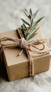 Creative gift wrapping is highlighted with a beautifully packaged box adorned with a sprig of greenery and twine, perfect for festive occasions and celebrations.
