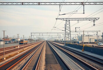 Industrial zone with parallel railway tracks and overhead power lines, grey, supports