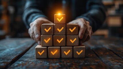 Building corporate governance structure. Businessman stacking wooden blocks. Check mark icon and lens flare light. business decisions, strategic success