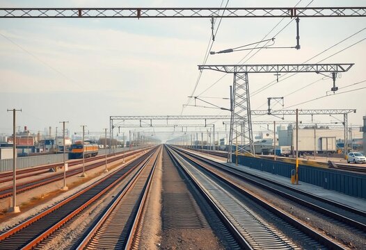 Industrial zone with parallel railway tracks and overhead power lines, grey, supports