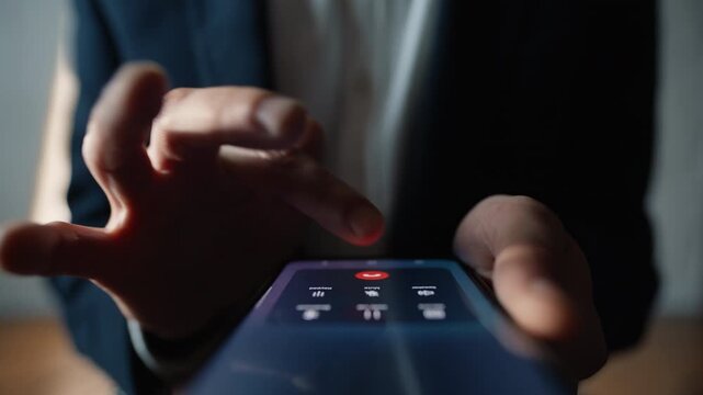 Unknown user ending call touching button at home closeup. Man hanging up chat