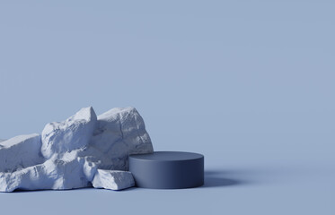 3D podium stone display on pastel blue background. Rock, cosmetic beauty product promotion pedestal with sun shadow. Nature landscape showcase. Abstract minimal studio 3D render 