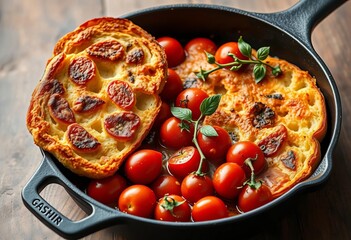 Golden-brown crusty bread, bursting baked cherry tomatoes in cast iron skillet,   color,   appetizer
