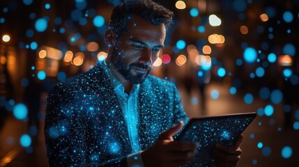 Business analysis and artificial intelligence. Businessman using tablet computer. Network structure and graph background