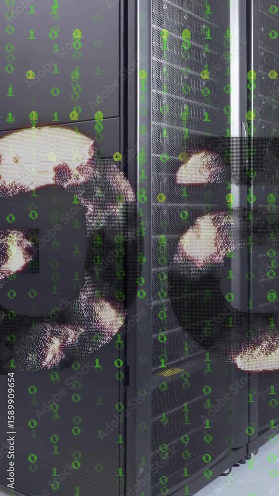 Poster animation of 5g text, binary coding and data processing over computer servers