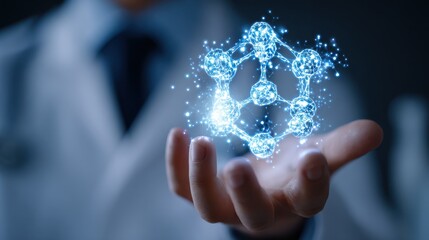 scientist doctor hand holds virtual molecular structure in the lab as concept, no logos, no brands