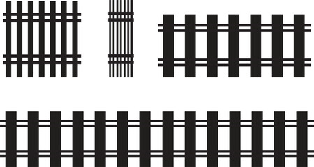 Black silhouette fence vector set featuring different barrier styles. Ideal for garden, farm, or construction designs. Clean, scalable, and easy to customize for various projects.
