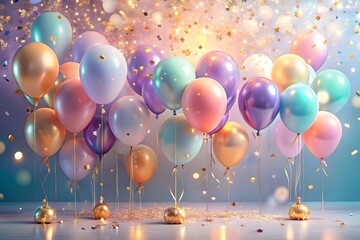 A vibrant collection of colorful balloons floats against a sparkling bokeh background, creating a festive atmosphere for a celebration