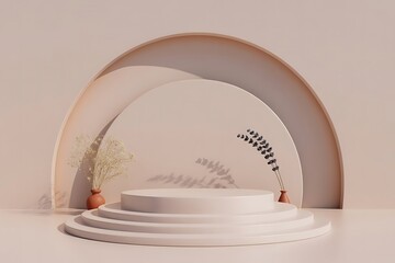 Minimalist 3D Product Podium Mockup with Arch Backdrop and Terracotta Vases in Neutral Tones