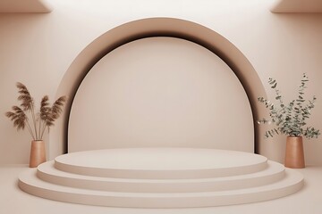 Minimalist 3D Product Podium Mockup with Arch Backdrop and Terracotta Vases in Neutral Tones