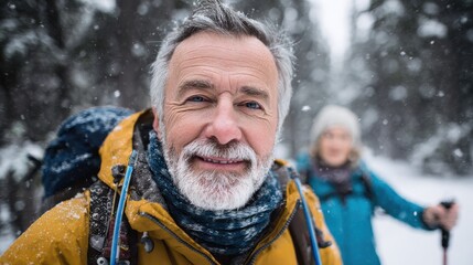 Fototapeta premium A front view horizontal portrait of a smiling senior adult man carrying a backpack and ski poles while trekking in the snowy woods with his wife in the background, no logos, no brands