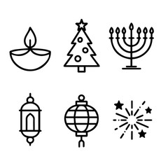Minimal Black Vector Icons of Global Festival Celebrations ,  Diwali, Christmas, Hanukkah, Eid, Chinese New Year, and New Year
