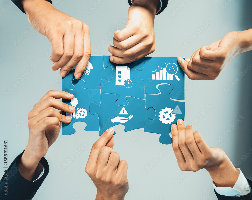 Aufkleber a visual representation of teamwork in business management, showcasing diverse hands assembling puzz