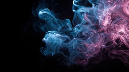 Abstract swirling blue and pink smoke on black background.