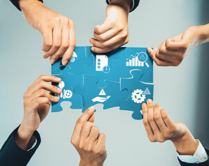 A visual representation of teamwork in business management, showcasing diverse hands assembling...