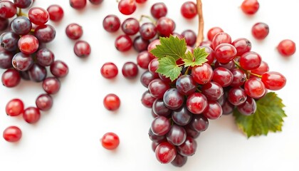 Cluster of fresh, ripe red grapes on pristine white background,  glossy,  detail