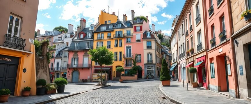 Cobblestone streets wind past charming pastel buildings in Montmartre, Paris,  cobblestone,   view