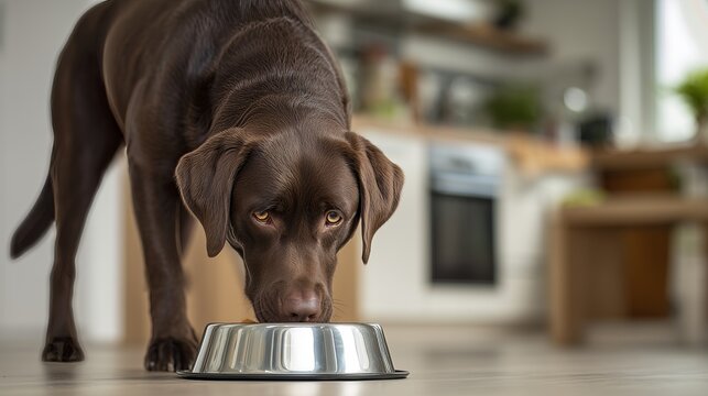A chocolate Labrador retriever eats from a metal bowl in a modern kitchen, capturing a moment of pet mealtime.