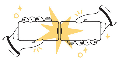 Two hands holding mobile phones against each other connecting vector. Phone mockup cartoon illustration.