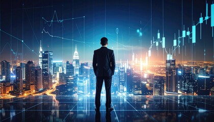Businessman overlooking illuminated city skyline with overlaid financial data