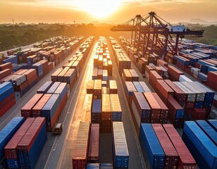 Aerial view of a busy cargo port at sunrise