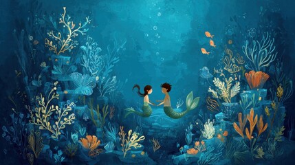 The ocean and the mermaids - illustration for the children, no logos, no brands