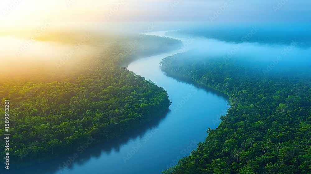 Poster aerial view of a river in a forest with sunlight through the clouds