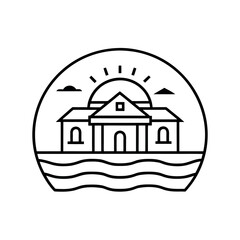 Sunset Over Mansion Outline Icon Vector Illustration