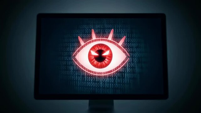 Evil red eye on computer monitor as cyber surveillance concept. Digital data tracking and privacy violation footage.