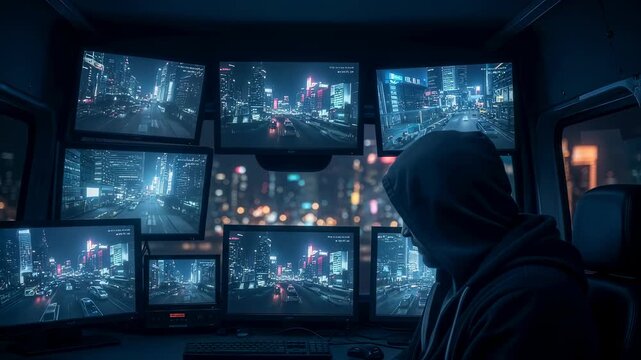 Man in hoodie cyberstalking street traffic from van using multiple monitors in dark urban surveillance footage.