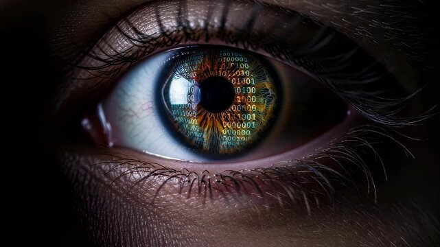 Human eye with binary code overlay, representing cyber surveillance, data monitoring, and biometric identification technology footage.