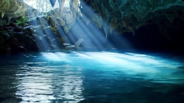 cave river glowing under beams of sunlight filtering through narrow vertical gaps.
