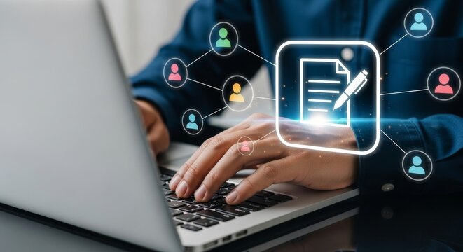 A person uses a laptop to complete a digital document, with icons representing collaboration and signing