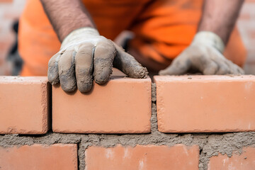 Close-up of construction worker laying bricks, focusing on craftsmanship and the building process. Hands in gloves ensure precision.