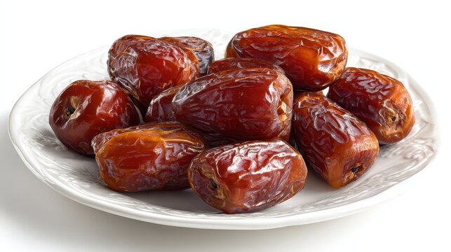 dates fruit on a plate , isolated on white background.