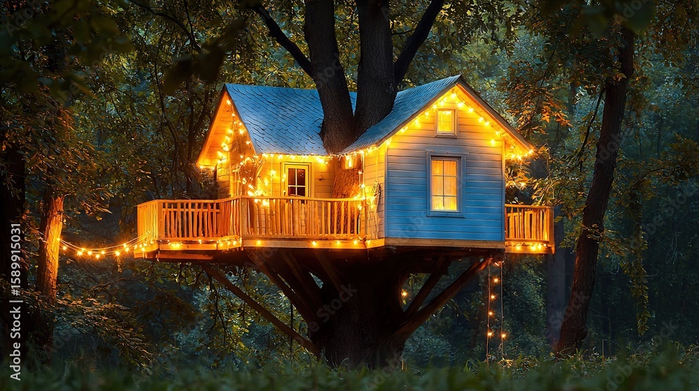 Poster a treehouse, illuminated by lights, nestled amidst a dense forest with towering trees all around