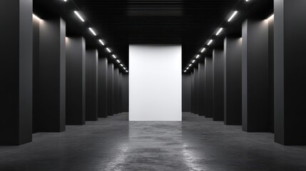 Blank white poster in dark hall with black floor, ceiling and led lights on black walls. 3D rendering, mockup, no logos, no brands