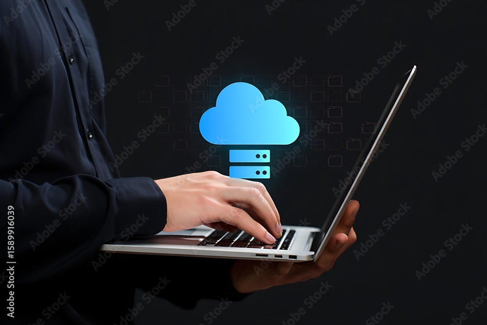 Poster person using a laptop with a glowing blue cloud computing icon and data transfer symbols above repre