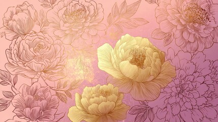 Luxury gold floral background vector. Golden gradient Roses and peonies flower line art wallpaper design for prints, cover, wall arts, greeting card, wedding cards, invitation., no logos, no brands