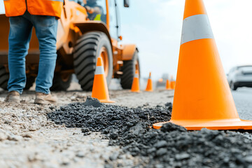Road repair in progress, with construction worker and road construction equipment on site. Orange safety cones used to alert traffic for safety.